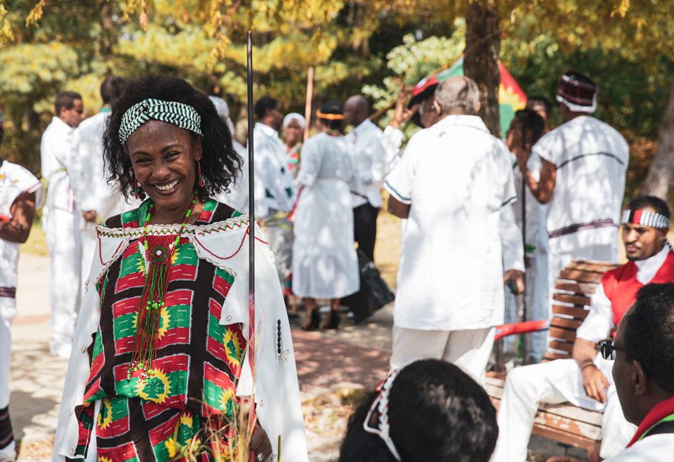 Oromo people celebrating Irreecha festival in traditional white clothing